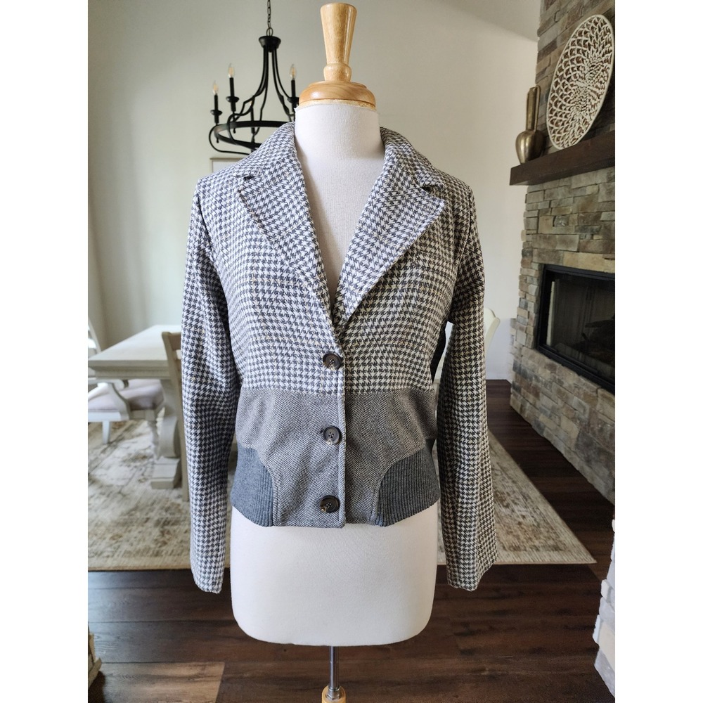 Mystree Gray Houndstooth Mixed Media Blazer Jacket Gold Metallic Accents Size M